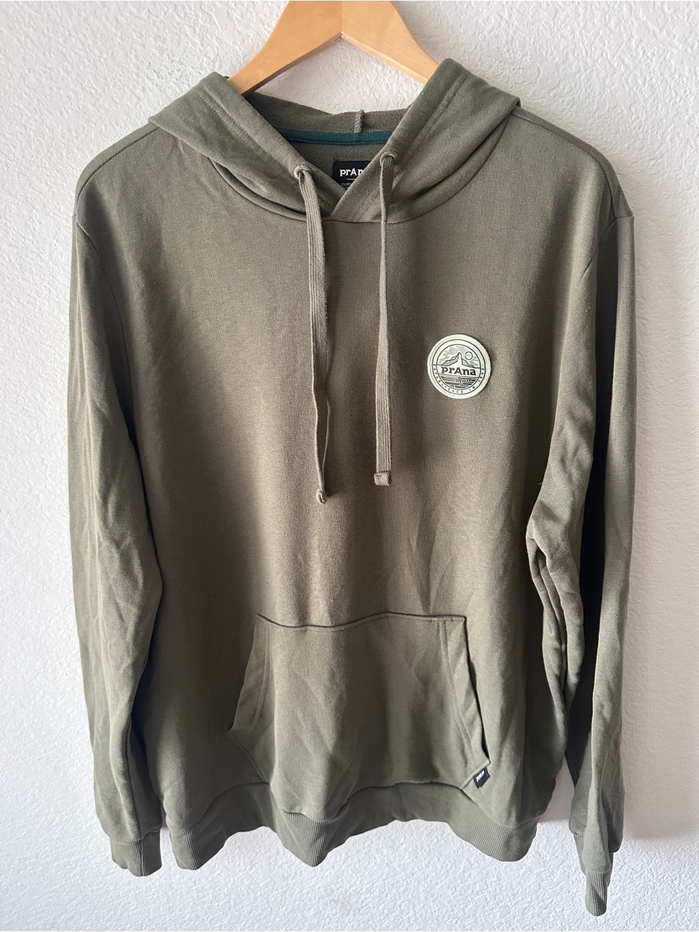 Prana Mens Olive Green French Terry Pullover Hoodie Mountain Logo Patch Size M